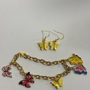 Charm Bracelet‎ Gold Tone Cute Butterfly Dangle Charms Matching Earrings Girly